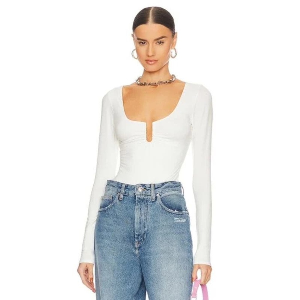 GOOD AMERICAN $105 White Good Touch Ring Ruched Bodysuit Size L